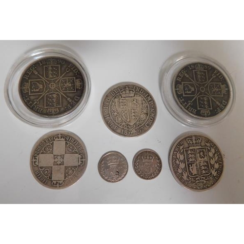 174 - Collection of Antique Victorian silver coins including Florins dated 1889 & 1890