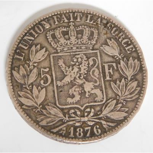 188 - Antique Belgium Silver 1876 King Leopold II Five Franc Coin