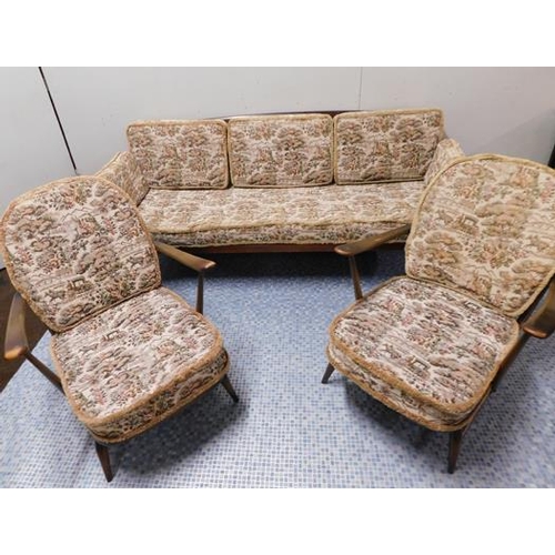 577 - Mid century Ercol cottage style settee + 2 armchairs