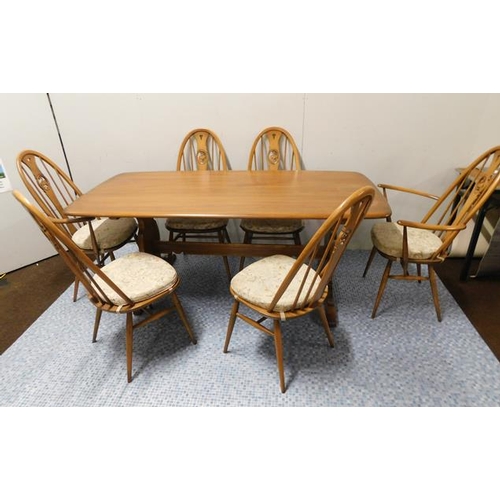 604 - Mid century Ercol table + 6 chairs with Swan design