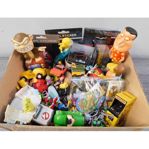 640 - Mixed box of retro collectables-Looney Tunes, Simpsons, figures & pin badges etc