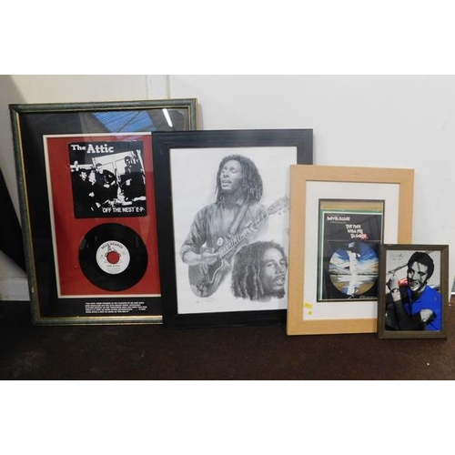 663 - 4x Music memorabilia framed items-The Attic, Bob Marley, David Bowie, Elvis mirror