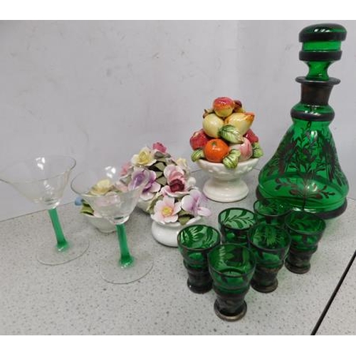 83 - Green glass decanter + 6 glasses plus 4 pottery flower ornaments