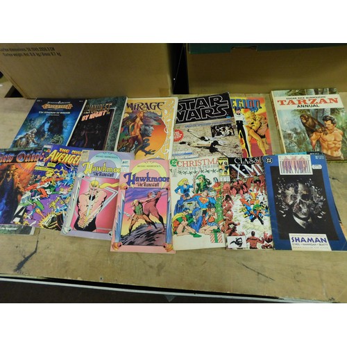 77 - Mixed box of vintage books, comics, posters, roll playing game, game accessory guides etc