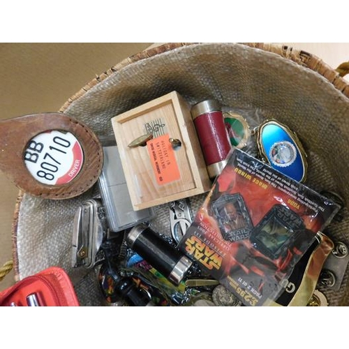 186 - Basket of mixed collectables inc lighter, pipe, badges etc