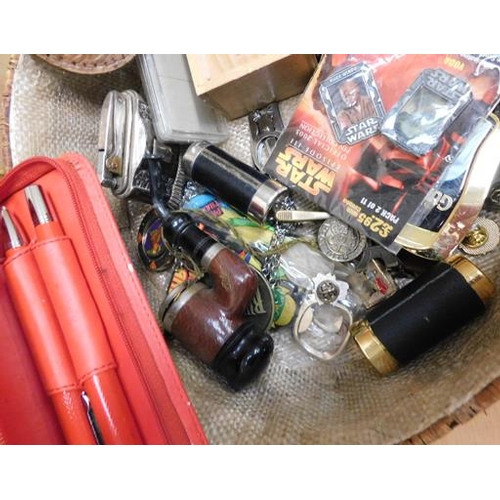 186 - Basket of mixed collectables inc lighter, pipe, badges etc