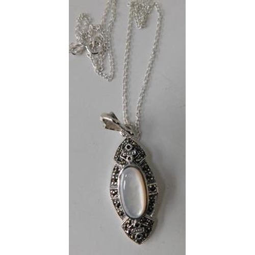 208 - Silver pearl and marcasite pendant on silver chain