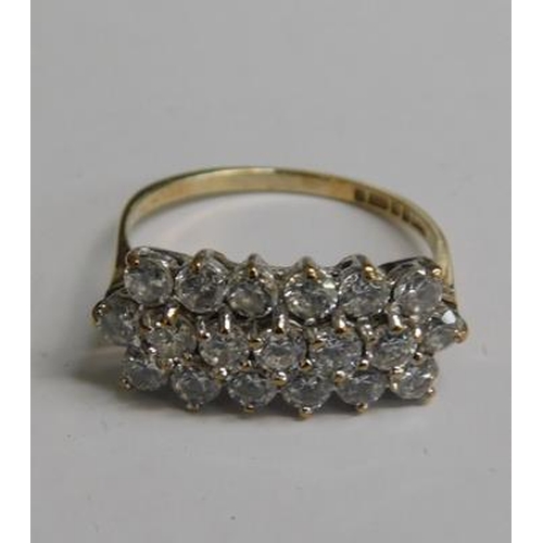 217 - 9ct Gold 3 row cluster ring size O 1/2