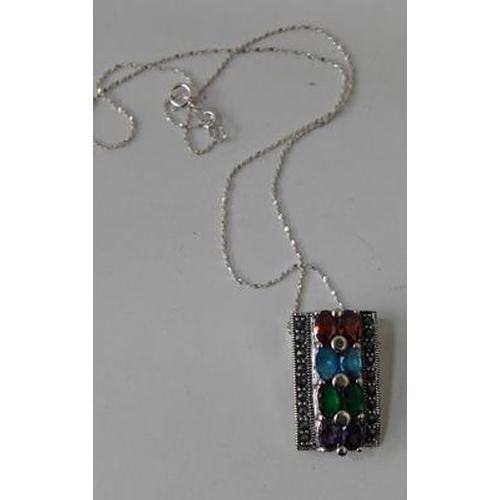 228 - Silver multi-stone and marcasite pendant on silver chain
