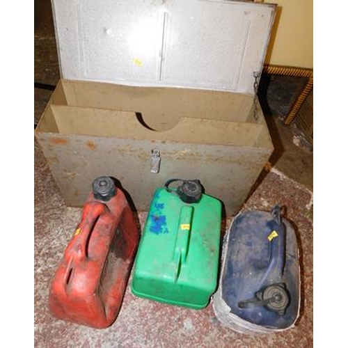 514a - Tin box & 3 petrol cans