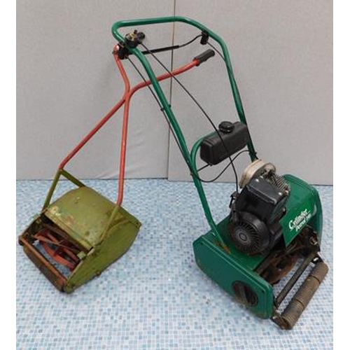517 - Two lawnmowers, one petrol (cylinder petrol 145) & other hand mower