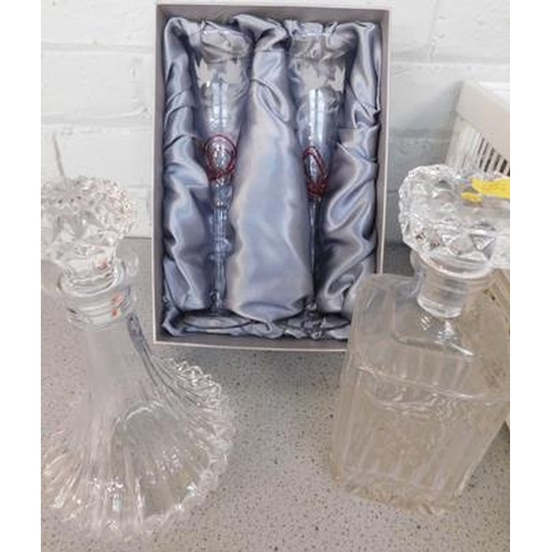 623 - Pair of boxed ruby anniversary glasses & two decanters