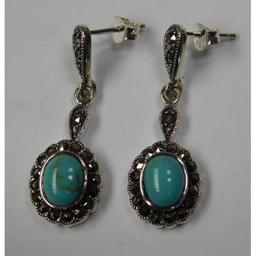 115 - Pair of silver turquoise & marcasite earrings