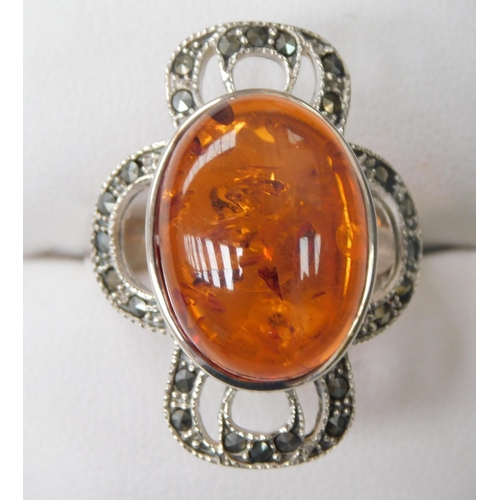 105 - Silver amber & marcasite ring