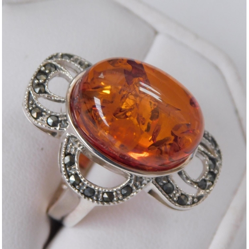 105 - Silver amber & marcasite ring