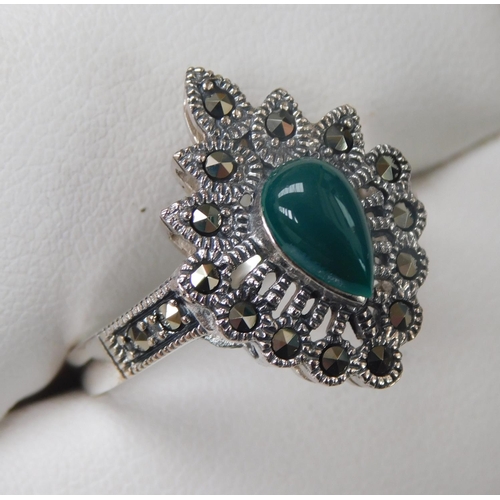 120 - Silver green stone & marcasite ring