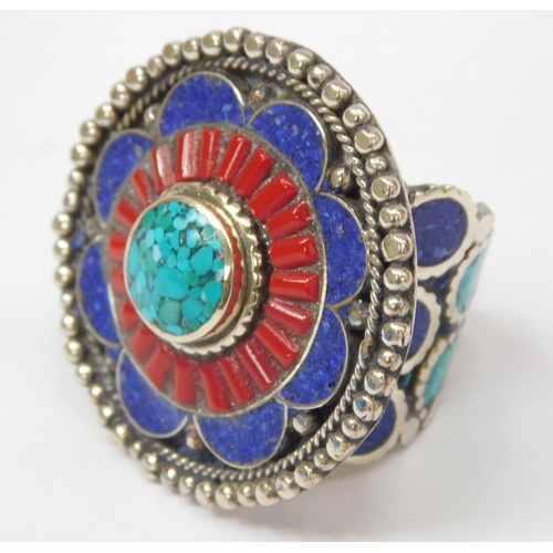 207 - Large Navahoe Indian silver ring set with semi precious stones-free size or T upwards