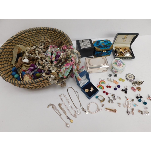 215 - Assortment of costume jewellery, trinket boxes and silver