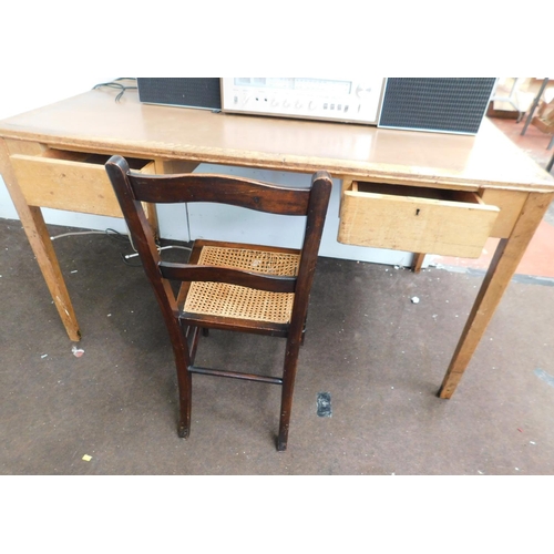 548a - Vintage oak desk with drawers & rattan chair