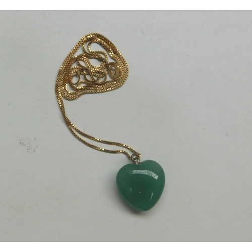 98 - 9ct Gold chain (no clasp) with jade heart shape pendant