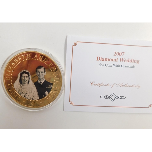 139 - 2007 Diamond Wedding 5oz coin with diamonds and paperwork