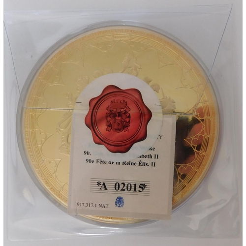 146 - Large gold plated commemorative coin - sealed with paperwork 90th birthday of Elizabeth II