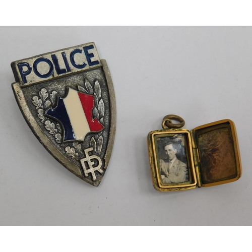 203 - Antique gold plated pendant locket and French police badge