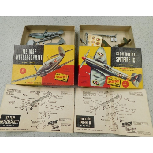 281 - 2x Boxed Lindberg Line model aircraft Spitfire MK1x & ME109F Messerschmitt