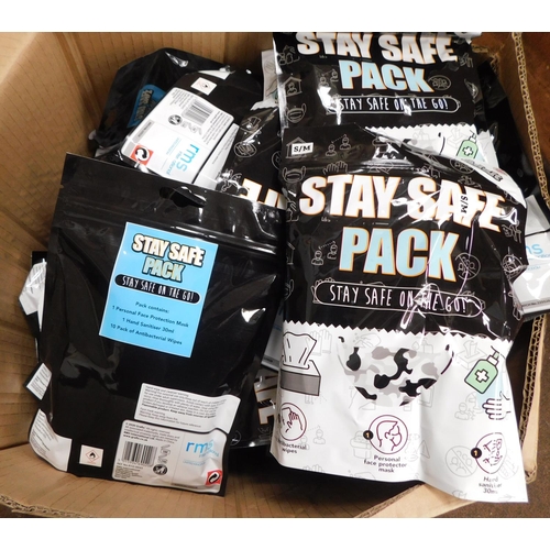 564 - Large box of 40+ sealed stay safe packs, size s/m inc wipes, gel, mask