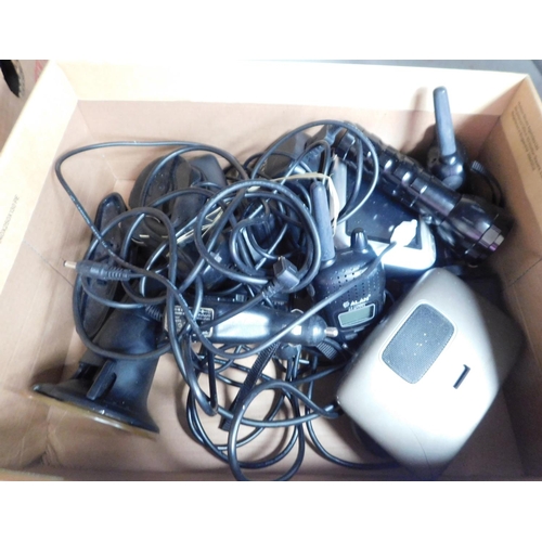 720 - Box of chargers, sat navs, walkie talkies - unchecked