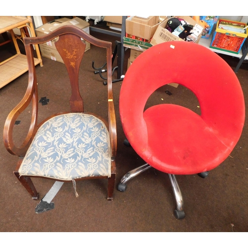 749 - Red bucket chair on castors and 1x other