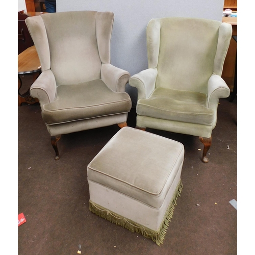755 - Pair of vintage fireside chairs & matching pouffe