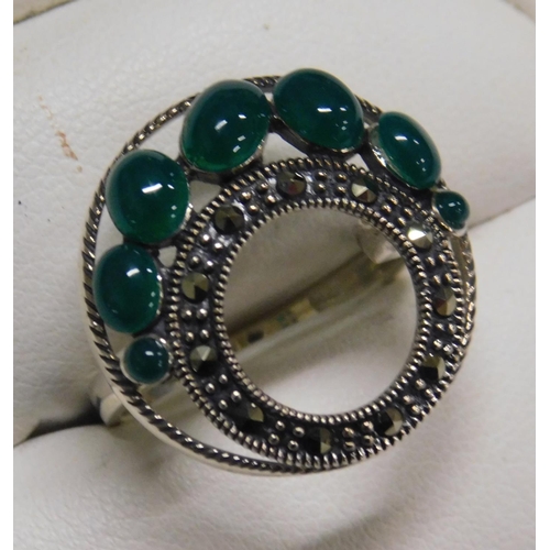 100 - Silver green stone and marcasite ring