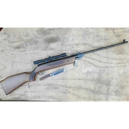 22a - Webley air rifle with telescopic site, serial no 110300830 inc pellets + Bowie knife-both excellent ... 