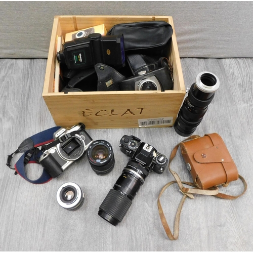 58 - Box of camera equipment incl. lenses, Canon and Ricoh