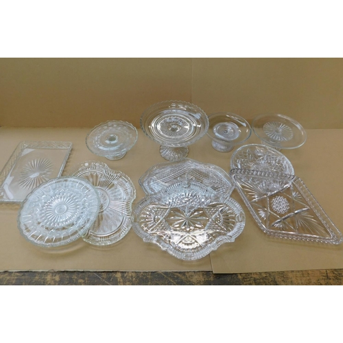 80 - Large collection of glass and cut glass including pedestal cake stands and shaped plates