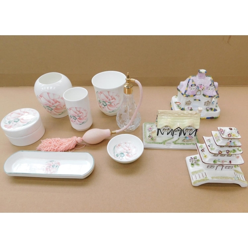 84 - Royal Doulton dressing table set (Cacharel) + 3x Coalport cottages & perfume atomiser