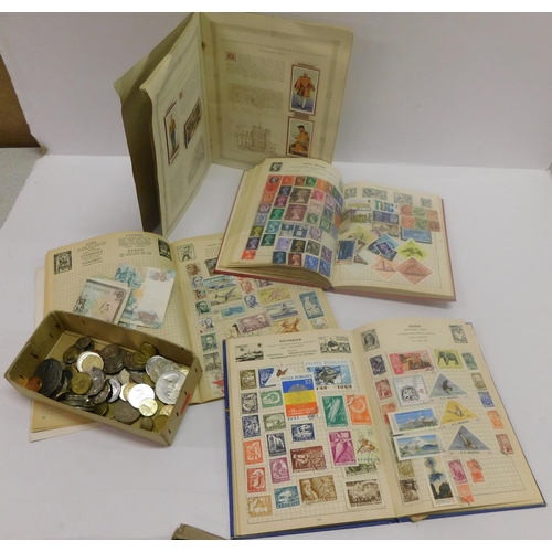 238 - Vintage cigarette cards, 3x albums of global stamps and mixed coins