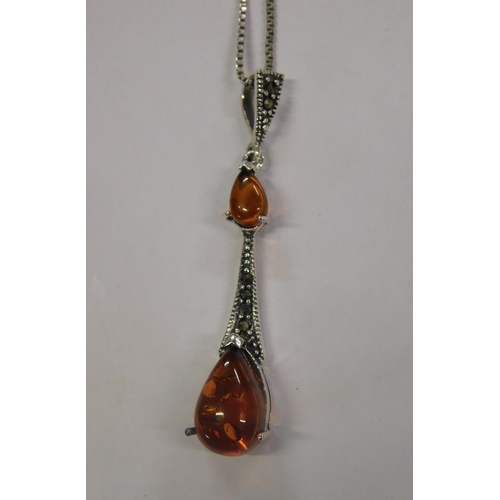 220 - Silver Amber and Marcasite pendant on silver chain