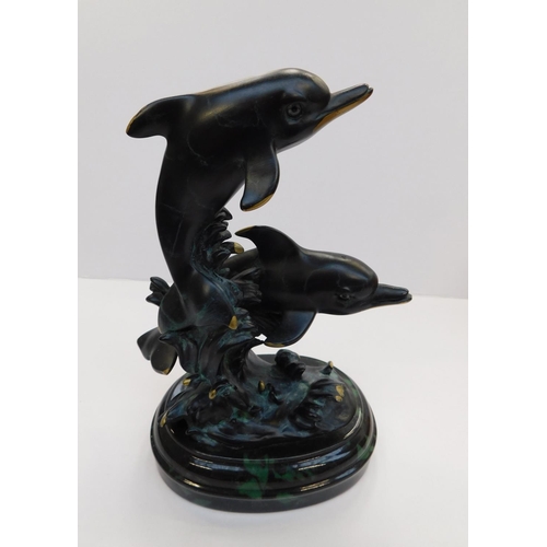 274 - Vintage bronzed leaping Dolphins desk ornament on marble base - no damage