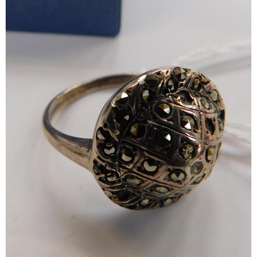 273 - Silver hallmarked ring size P 1/2-circular dome with white stones