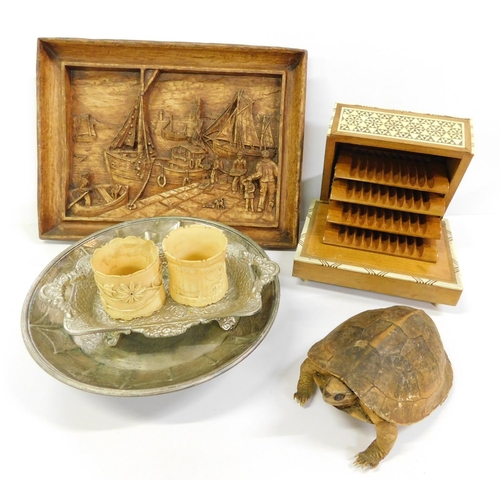 57a - Mixed lot incl. inlaid cigarette music box (missing a foot and some metal) silver plate, taxidermy t... 