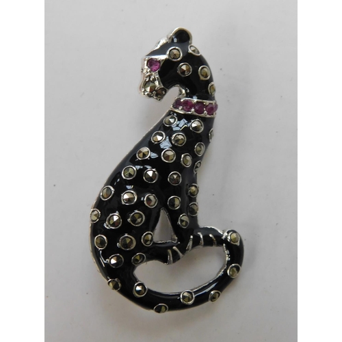108 - Silver enamel and marcasite cat brooch