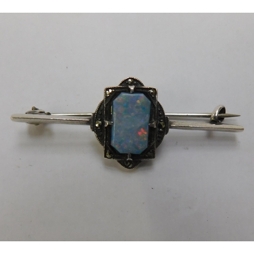 116 - Victorian silver and opal in marcasite, bar brooch c1910