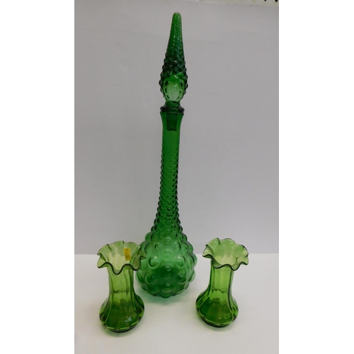 63 - Green vintage apothecary bottle and 2x vases