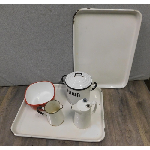 88 - 5x Very large aluminium trays with flour tub & others