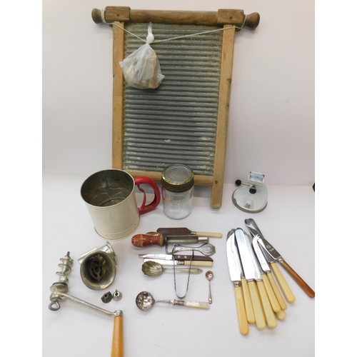 93 - Washboard for jug band/skiffle band, metal thimbles + other vintage kitchenalia