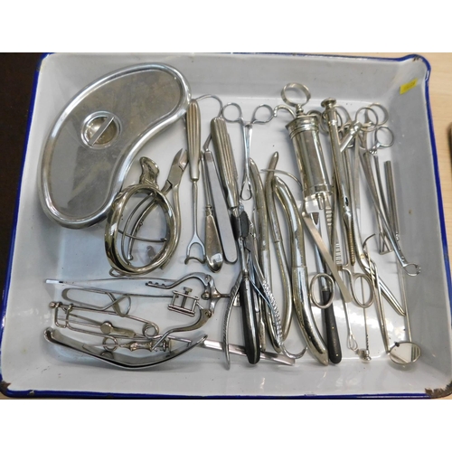 94 - Collection of vintage surgery equipment inc dentistry in enamel tray