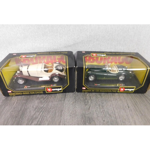 162 - 2x Burago diecast vehicles - Mercedes Benz SSK-1928, Jaguar XK 120 roadster