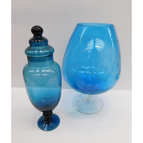 289 - Very large vintage blue stemmed bowl & lidded glass jar